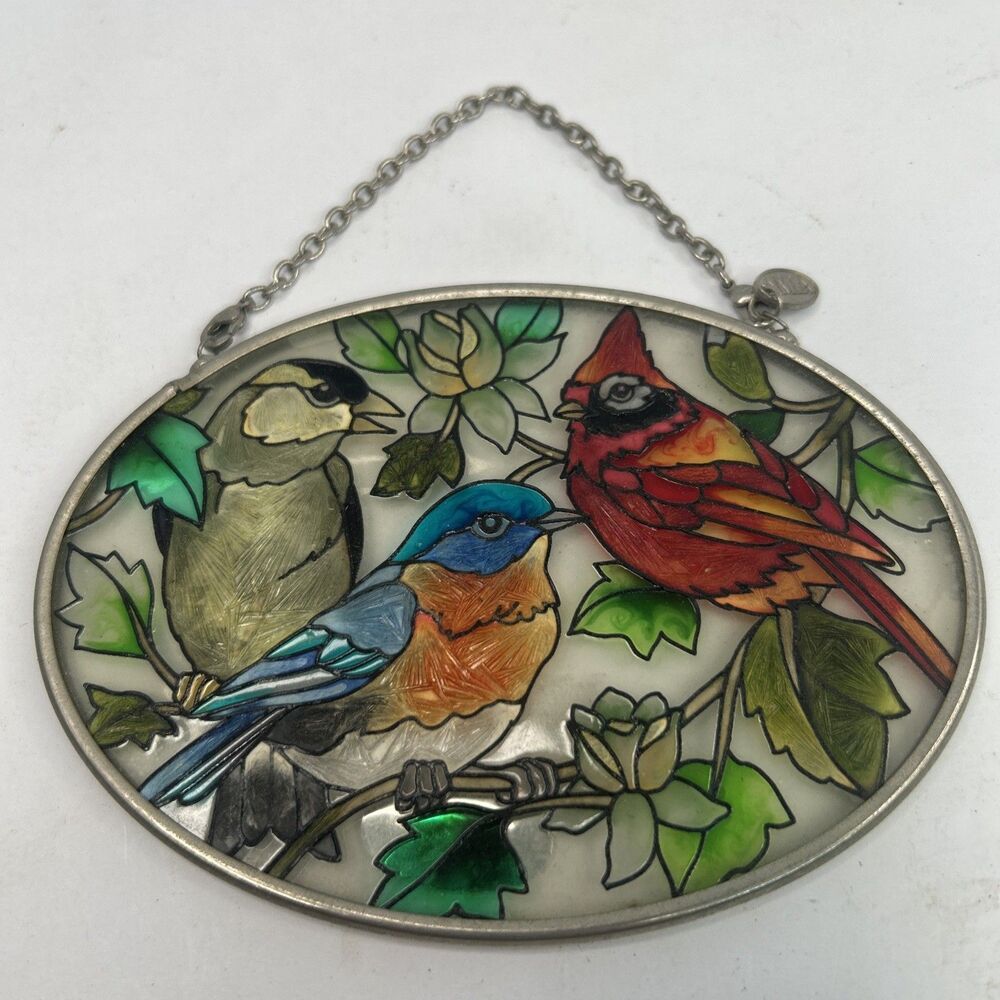 Vintage AMIA Hand Painted Glass Oval Suncatcher Three Songbirds